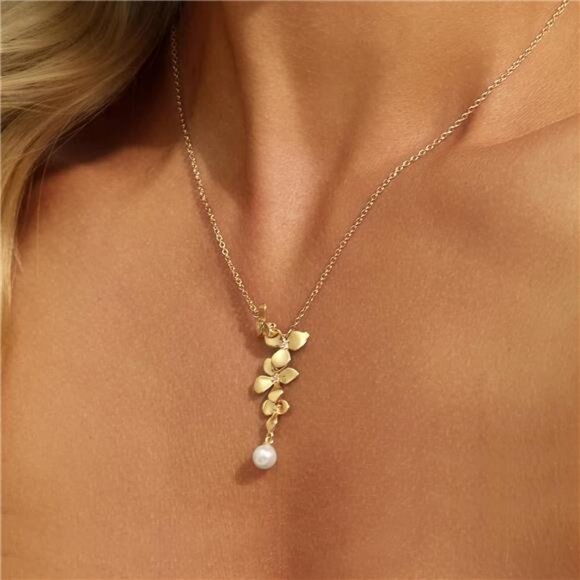 18K Gold Plated Flower Pendant Necklace | CZ Orchid Design with Shell Pearl - Picture 3 of 5